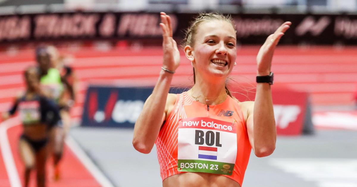 Femke Bol celebrates across the finish line after breaking the indoor 500m world record in Boston.