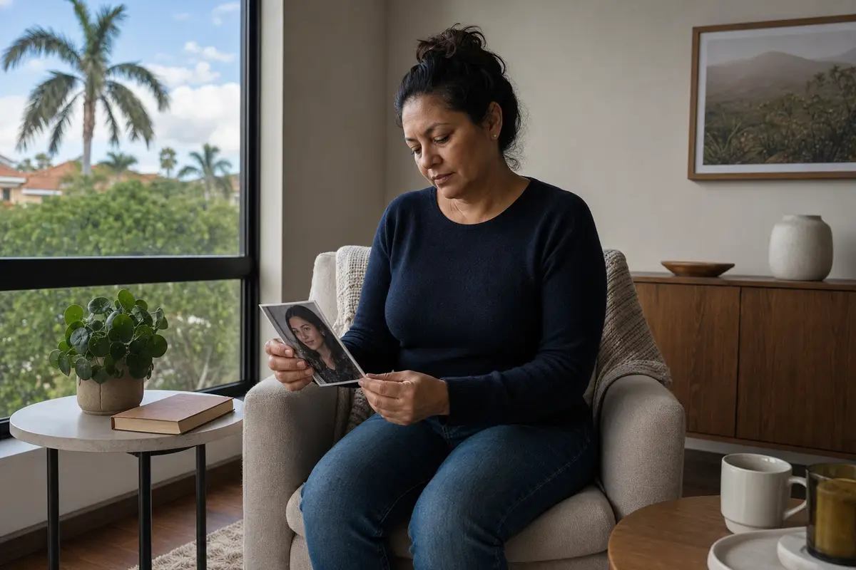 grief vs depression — A person sitting quietly by a window, holding a photograph, capturing the reflective difference between grief and depression