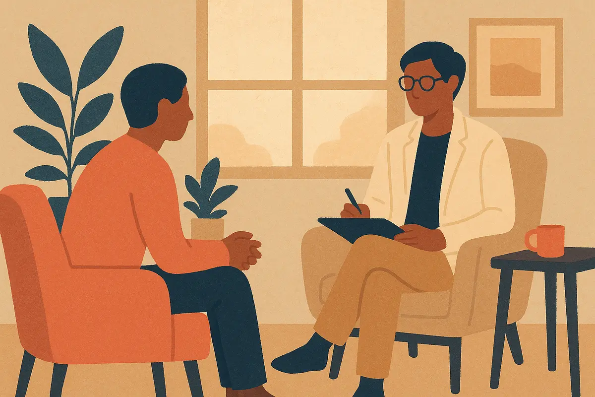 A person sitting across from a therapist in a calm, well-lit office, conveying accessibility and openness in mental health care. — sliding scale therapy