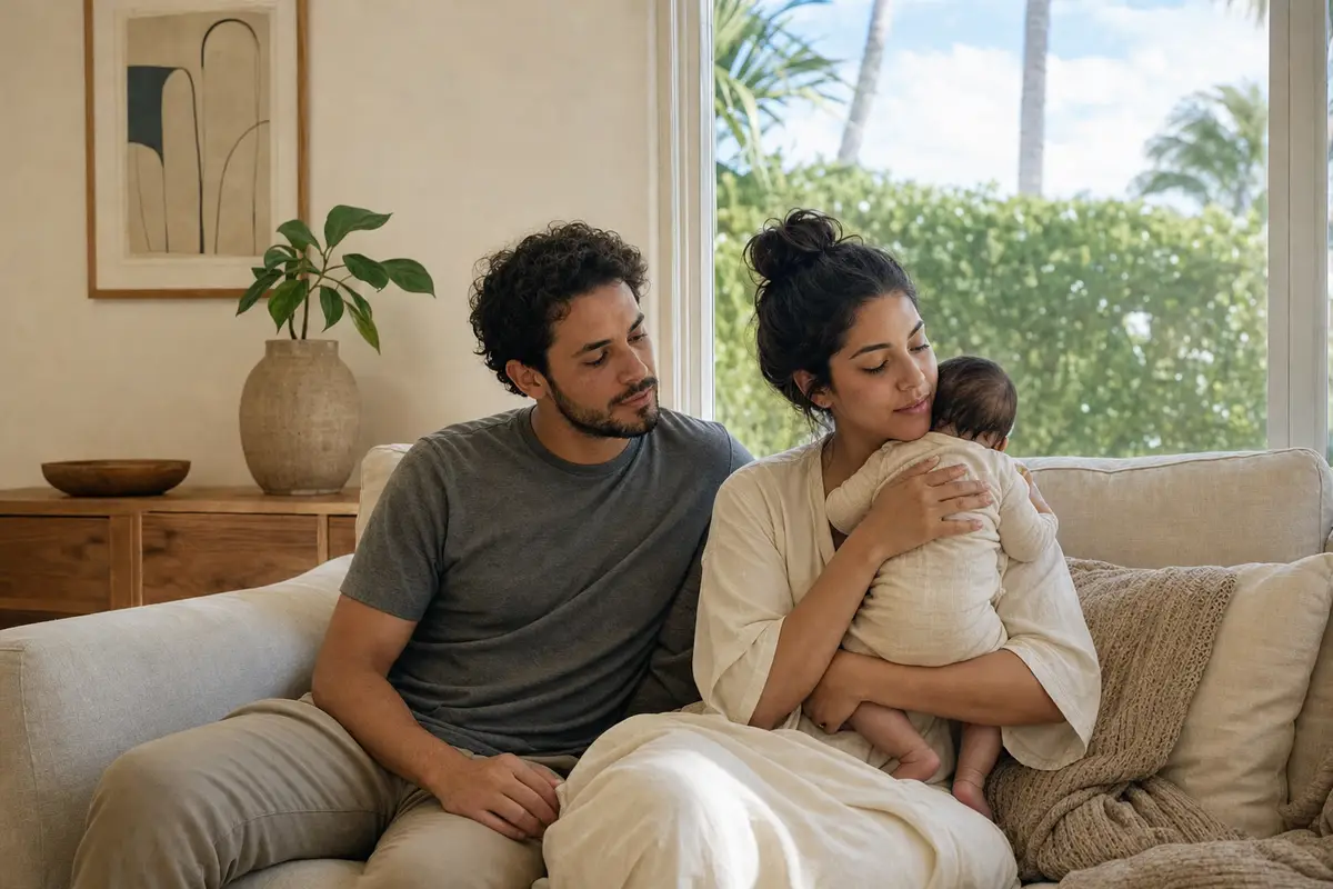 A man and a woman on a sofa, the woman holding a baby wrapped in a soft blanket in a bright room
