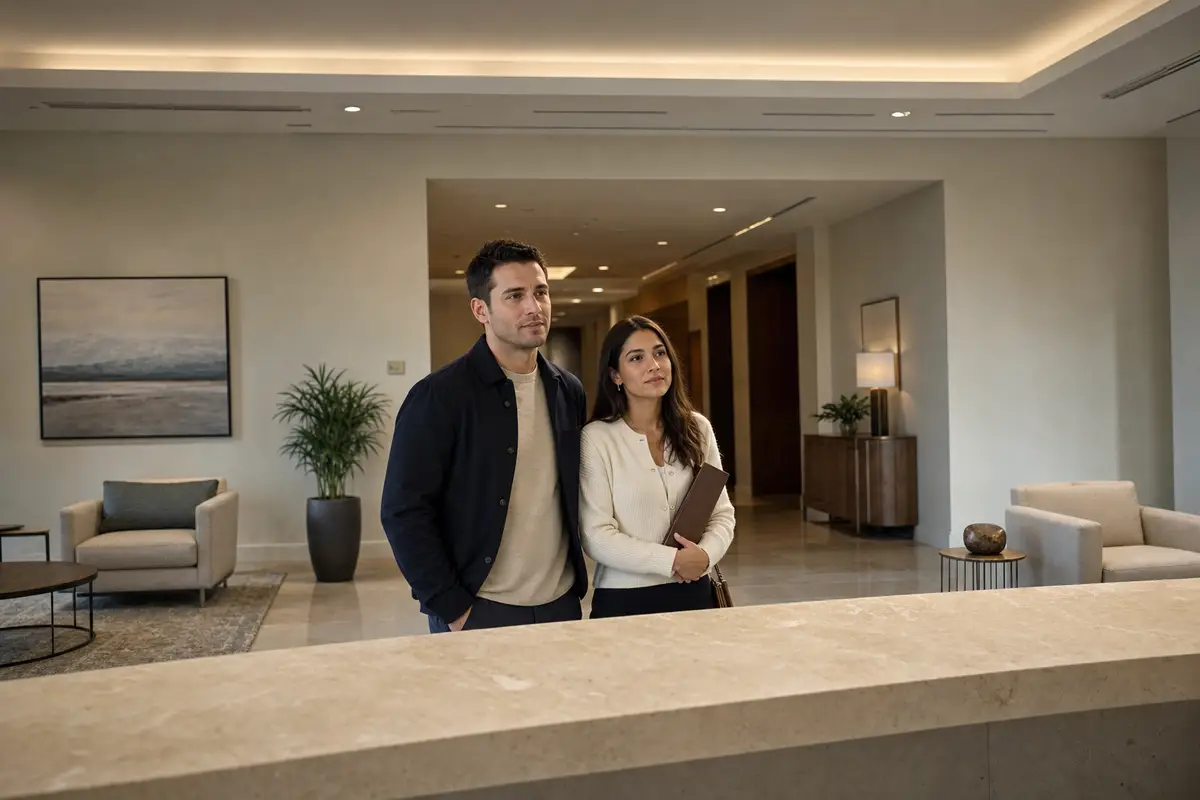 A man in a navy jacket and a woman in a cream cardigan stand side by side in a calm office lobby, the woman holding a closed brown folder, a plant and armchairs behind them as they listen to someone out of frame.