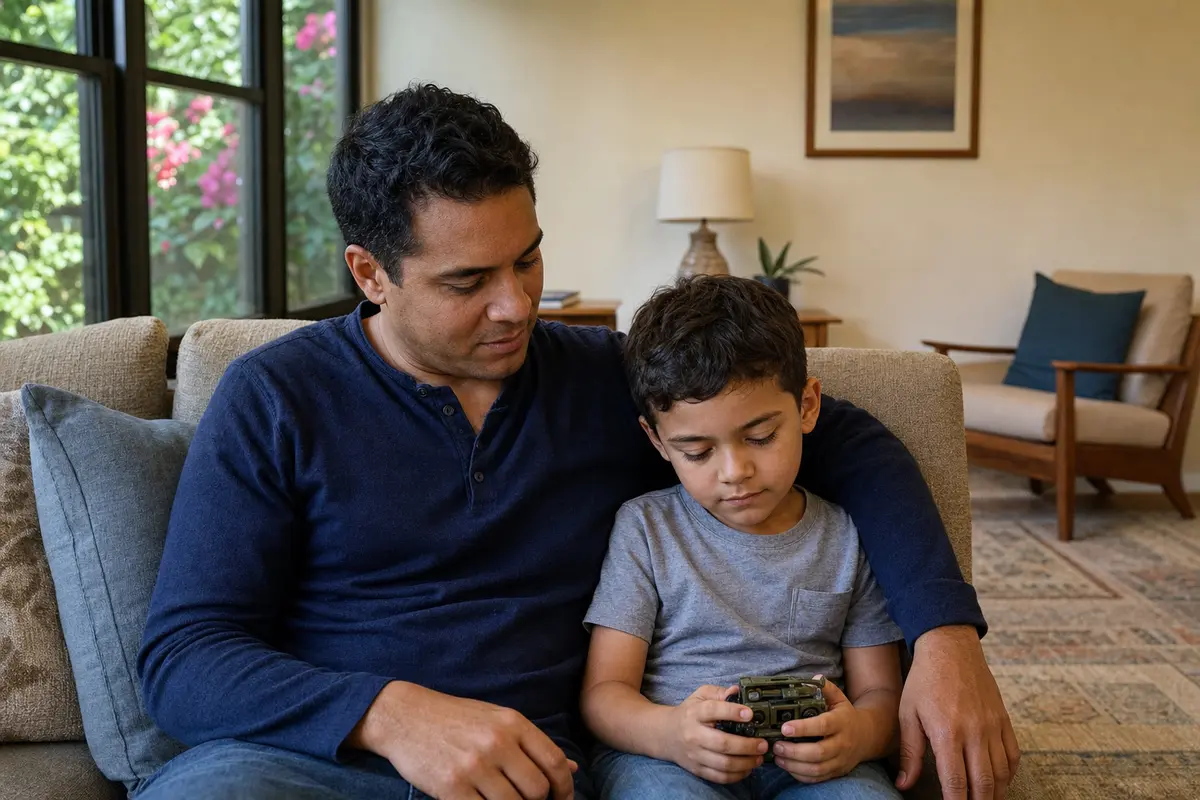 A man and a young boy sit close together on a sofa in a calm living room, the boy holding a small toy and looking down calmly