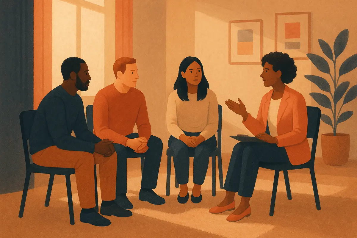 A small, diverse group of adults seated in a circle in a calm, warmly lit room, engaged in attentive conversation facilitated by a clinician — conveying connection, safety, and shared purpose. — group therapy
