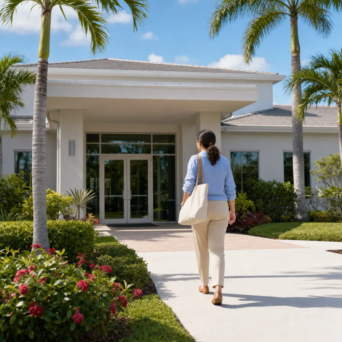 A woman with a canvas tote bag walking toward the glass entrance of a bright building with palm trees