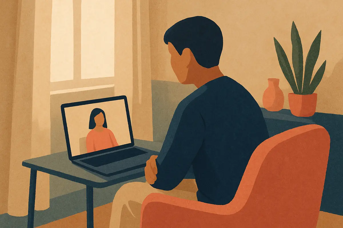 An adult sitting in a calm, softly lit room with a laptop open for a video therapy session, conveying quiet resilience and the beginning of a new chapter after a major life transition. — divorce counseling