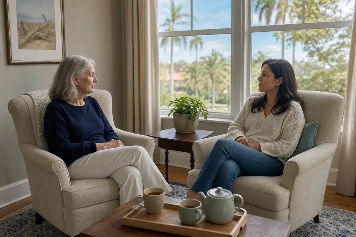 Two women sit in armchairs by a sunny window with a tea tray between them, talking quietly.
