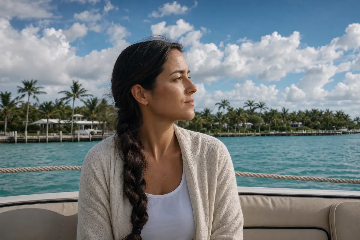 A woman with a long braid sits on a light cushioned seat outdoors, looking toward a bay with palm trees.