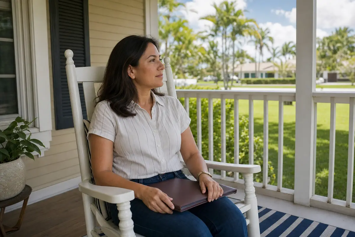 questions to ask about eating disorder treatment — A woman sits in a white rocking chair on a shaded porch, holding a folder on her lap, with palm trees and a lawn beyond.