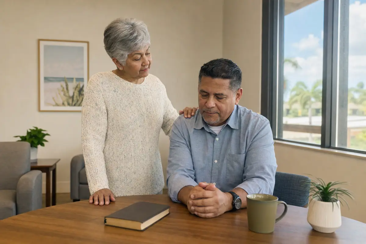 An older woman in a cream sweater stands beside a man in a blue shirt at a wooden table by a bright window, with a plant and a mug nearby.