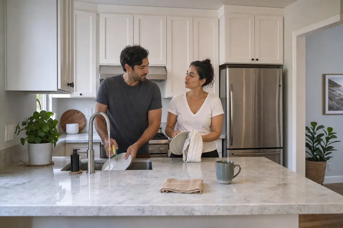 A man in a dark grey t-shirt rinses a plate at a kitchen sink while a woman in a white tee holds a dish and a towel, the two talking calmly beside a white marble counter.