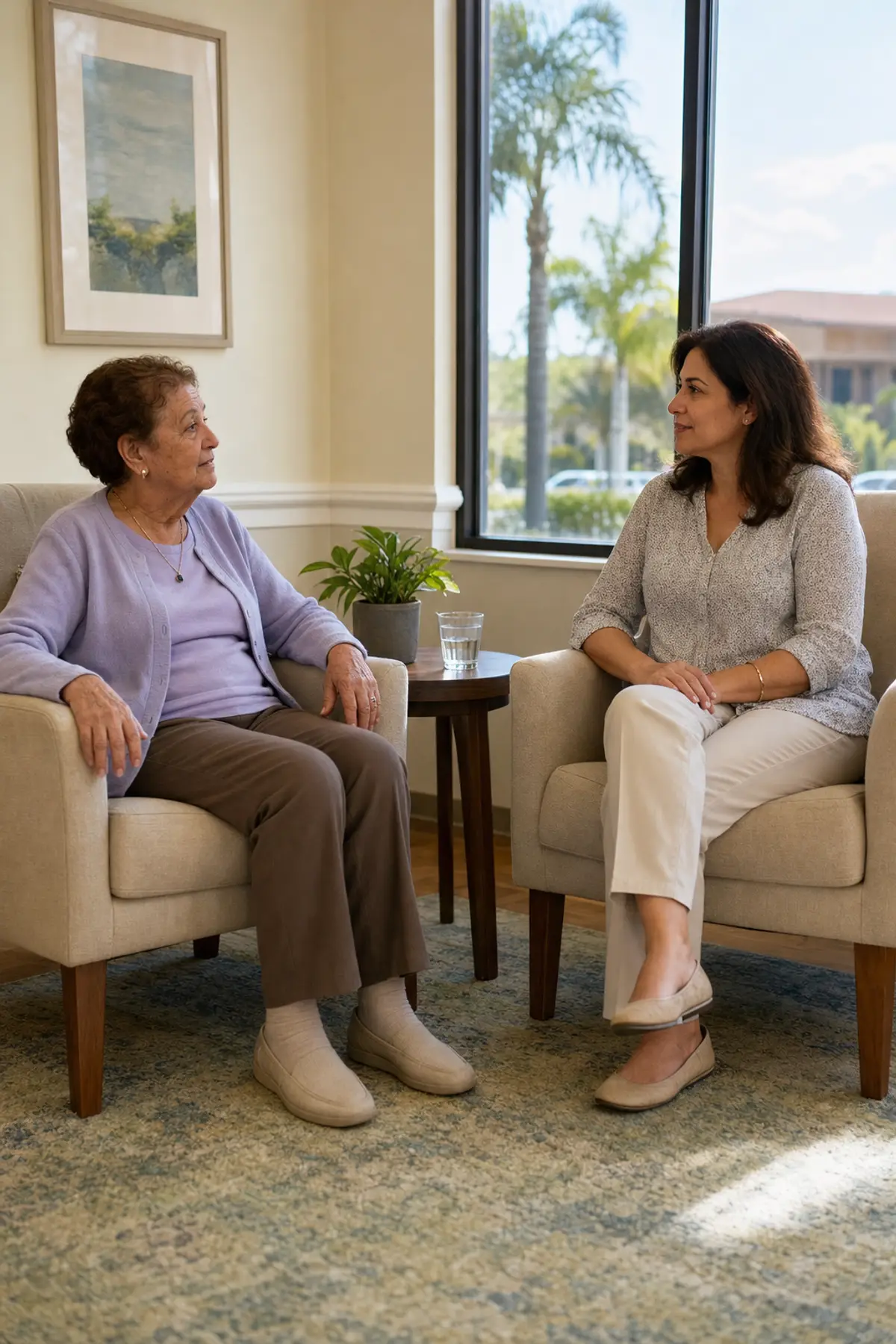 Two women seated in armchairs in a sunlit room, talking quietly beside a window with palm trees outside