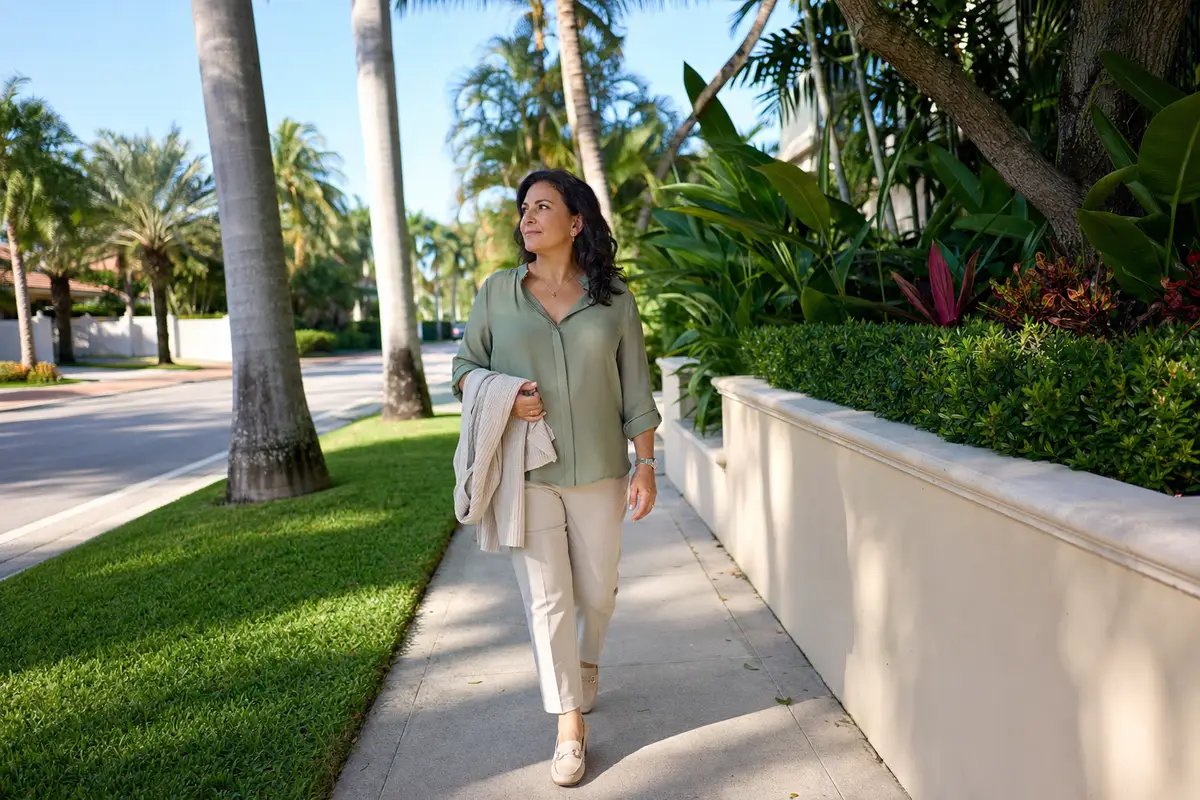 A woman in a sage top and cream trousers walks along a palm-lined garden path.