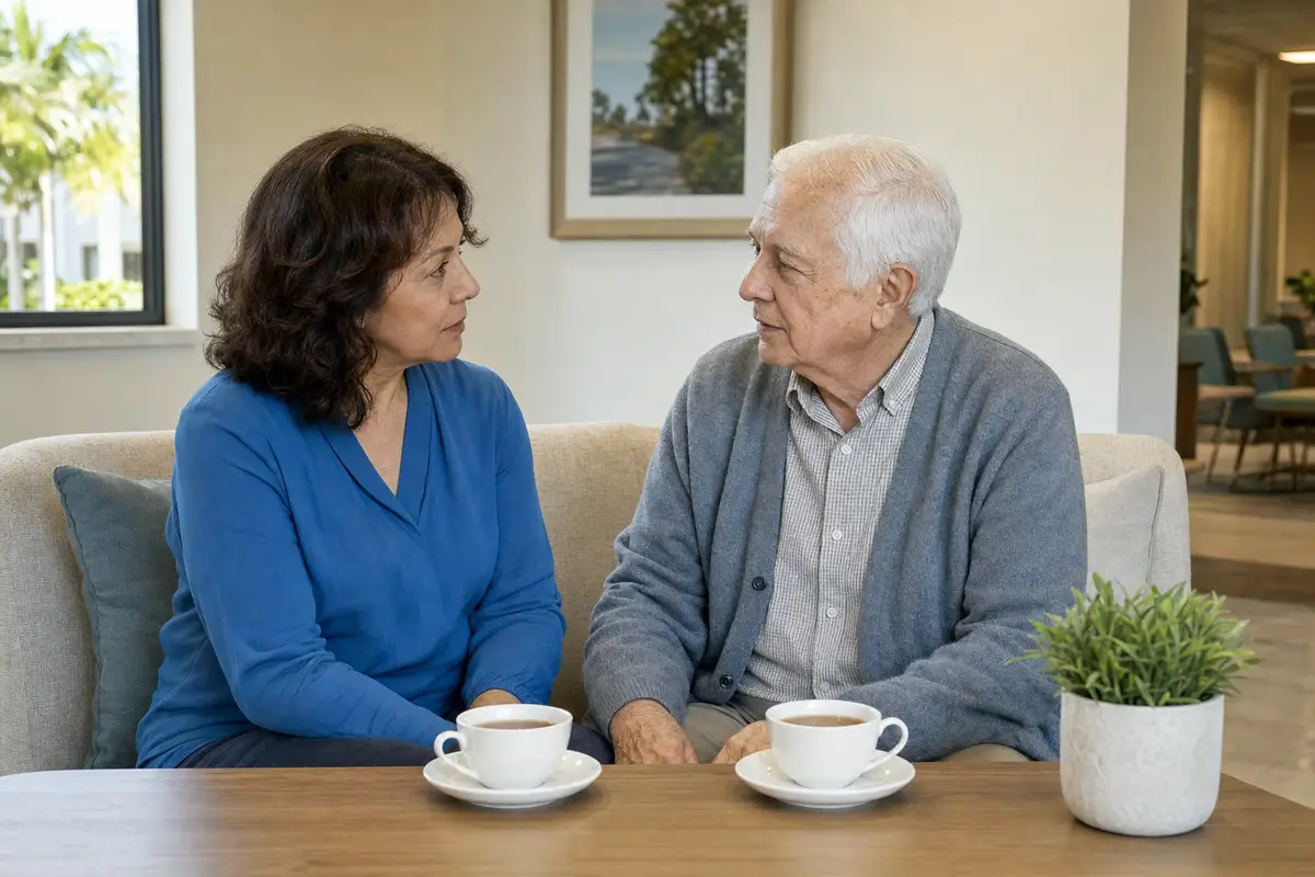 A woman in a blue sweater and an older man in a grey cardigan sit together on a sofa, each with a coffee cup on the table in front of them, with a potted plant beside them.