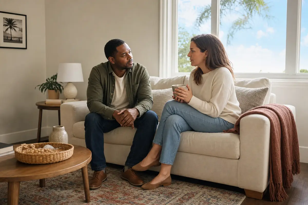 A man and a woman sitting on a cream sofa by a bright window, talking quietly
