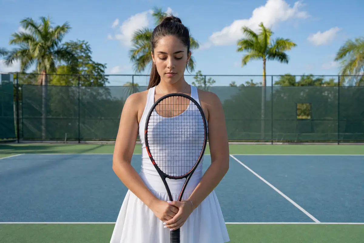 sports performance anxiety — A young woman tennis player stands on a sunlit court holding her racket upright in front of her, eyes lowered, with a fence and palm trees behind the court.