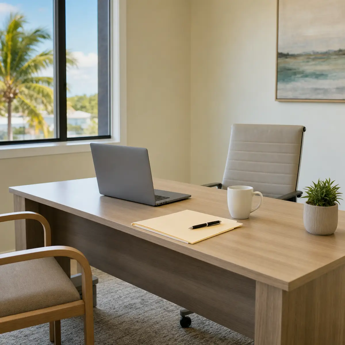 A tidy office desk by a bright window, with a laptop turned away from view, a plain folder with a pen, a white mug, and a small potted plant; a palm tree shows through the window