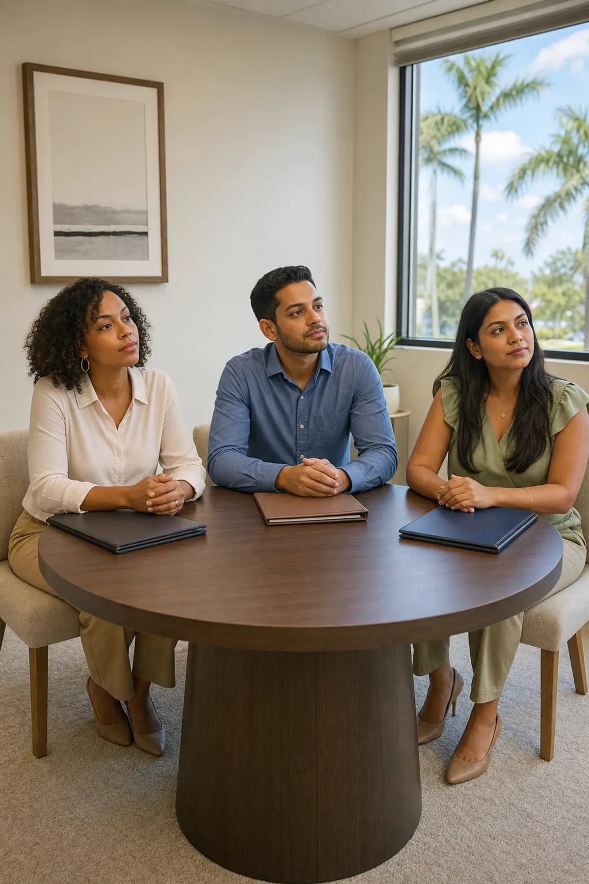 Three adults seated at a round table in a bright room, listening attentively, each with a closed binder in front of them