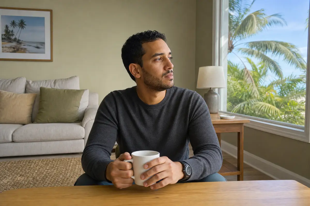 A man in a charcoal sweater holds a white mug at a wooden table and looks out a sunlit window toward palm trees.