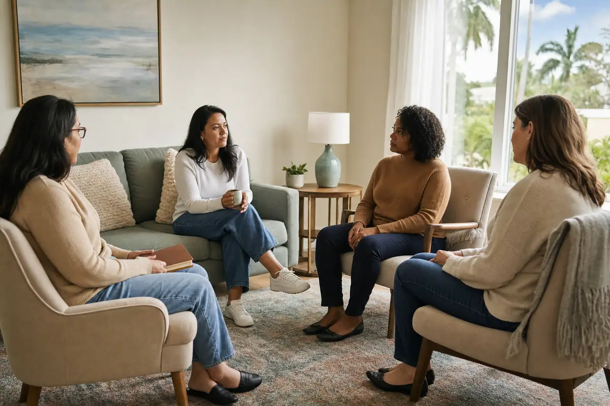 caregiver support groups — A small circle of adult caregivers sitting together in a warm, quiet room, talking and listening to one another.