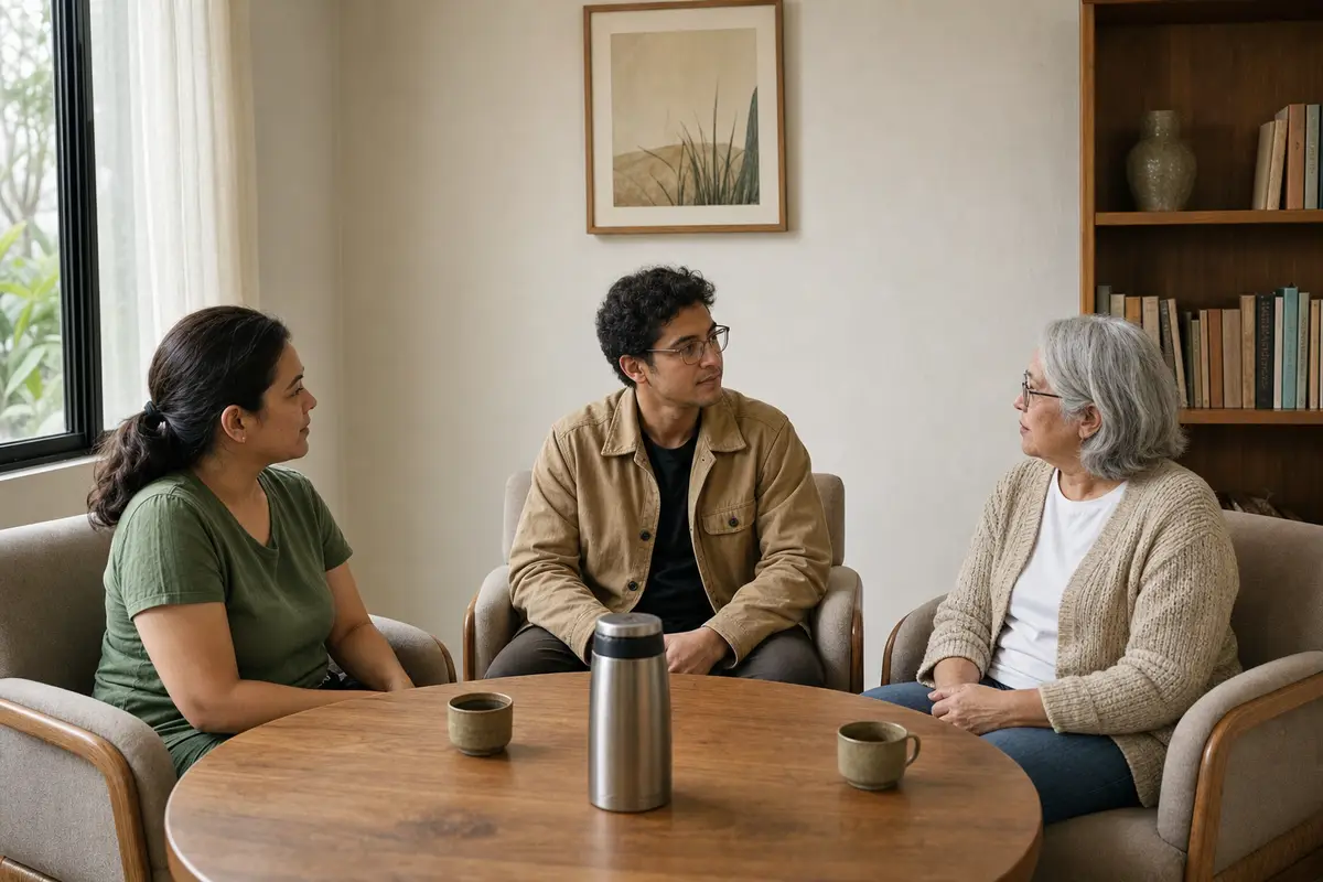 Three adults sit in a circle of armchairs around a round wooden table with a steel thermos and two mugs, talking calmly in a bright room with bookshelves and a framed print.