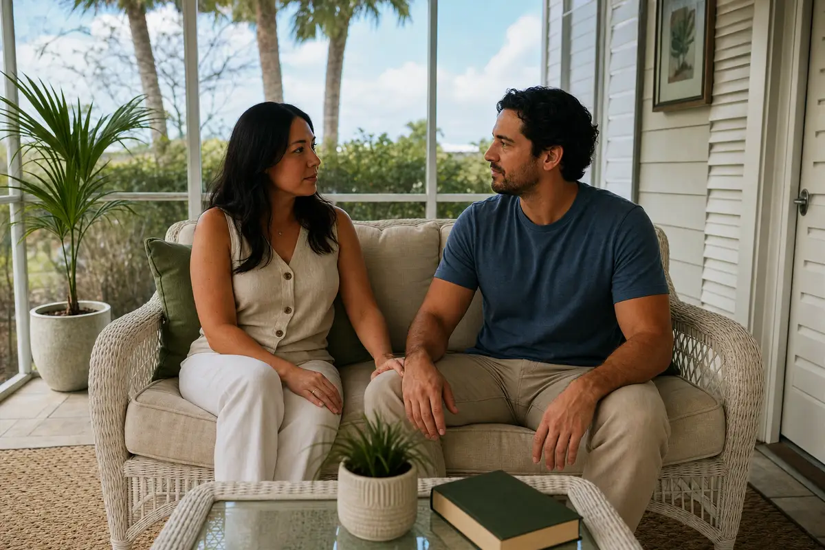 A couple sits together on a wicker loveseat on a screened porch, the woman in a cream sleeveless top and the man in a blue t-shirt, talking calmly and looking at each other.