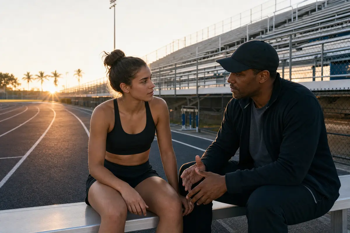 A young woman and a man in a cap sitting together at the edge of an athletic track at sunrise