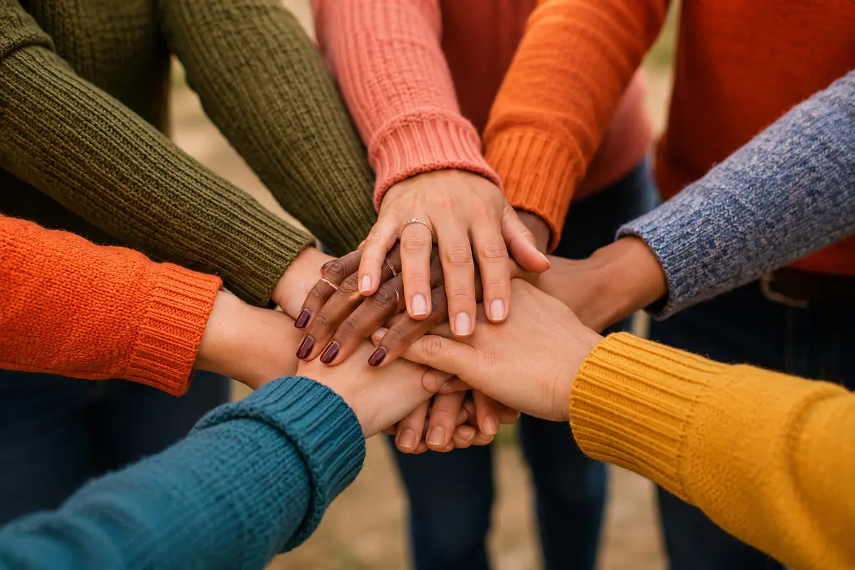 Team hands stacked together in unity