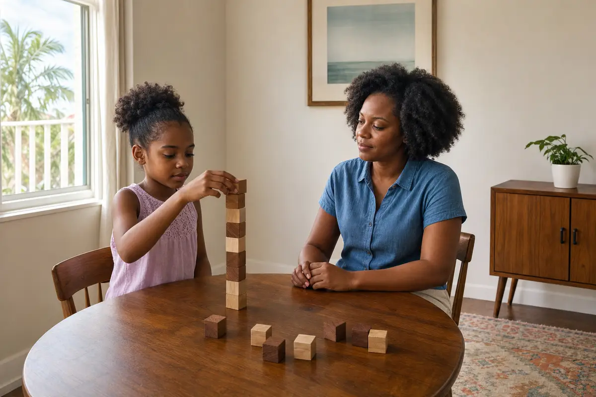 A girl stacking wooden blocks while a woman watches at a wooden table in a sunlit room