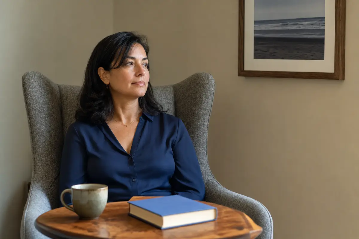 A woman in a navy top sits in a grey armchair beside a side table with a mug and a closed blue book on it, looking out of frame.