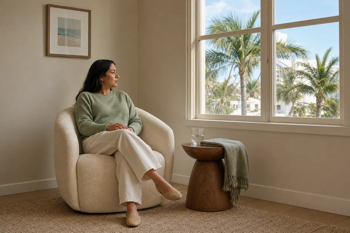 ptsd symptoms — A woman in a sage-green sweater sits in a cream armchair by a bright window, her hands folded in her lap, looking out toward palm trees, with a glass of water on a wooden side table.