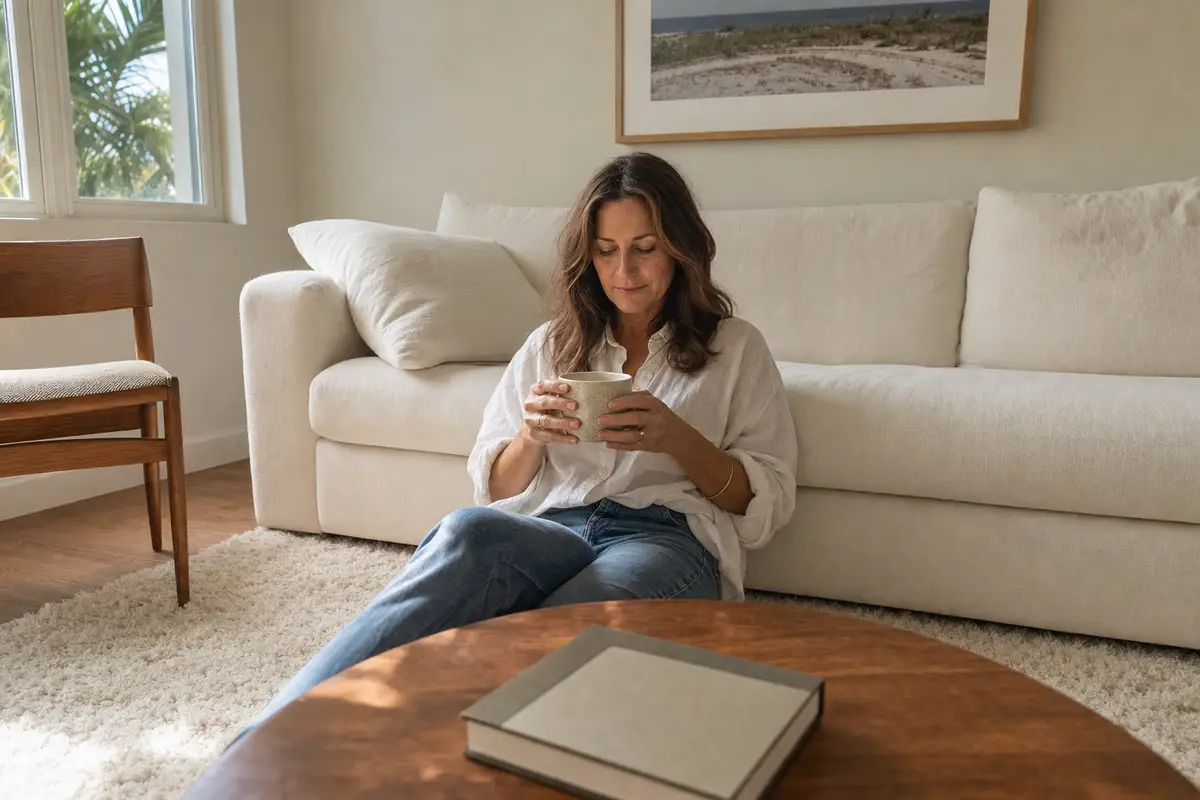 A woman sits on a cream rug against a sofa, holding a mug of tea in both hands and looking down at it, with a closed book on a wooden coffee table in front of her.