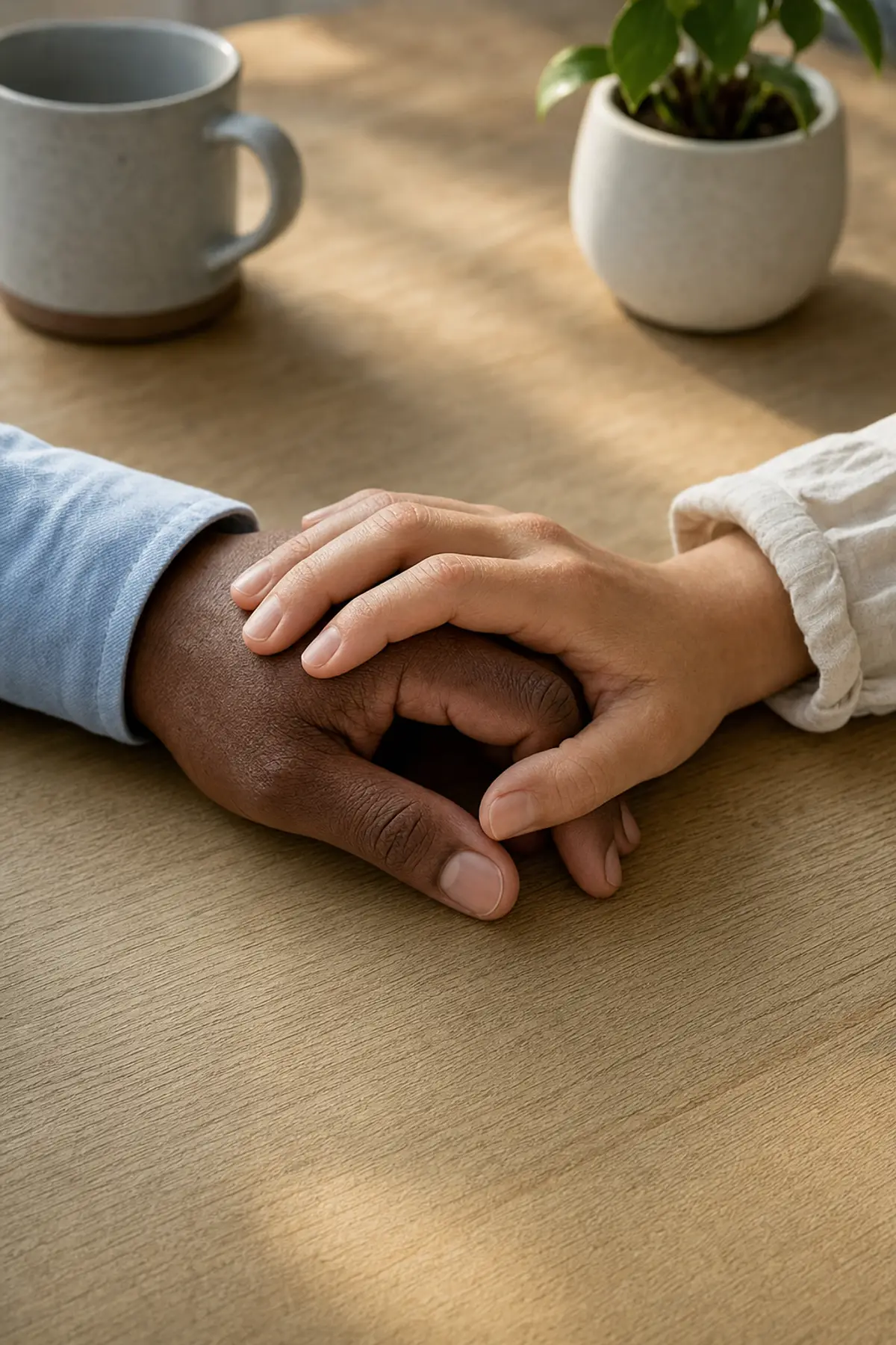 Close overhead view of two adults' hands resting together on a light wooden table, one blue sleeve and one cream sleeve, with a mug and a potted plant softly out of focus behind them
