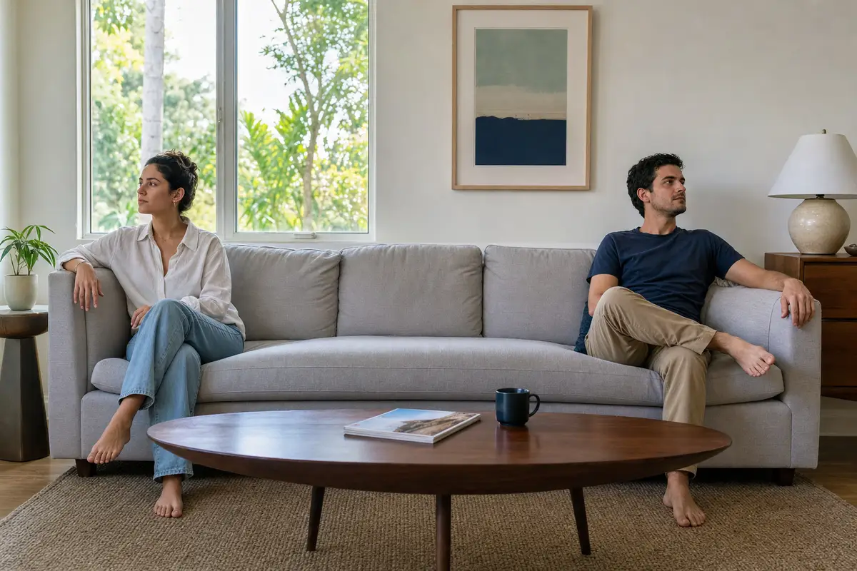 A couple sits at opposite ends of a light grey sofa in a sunlit living room, both looking away with calm, neutral expressions