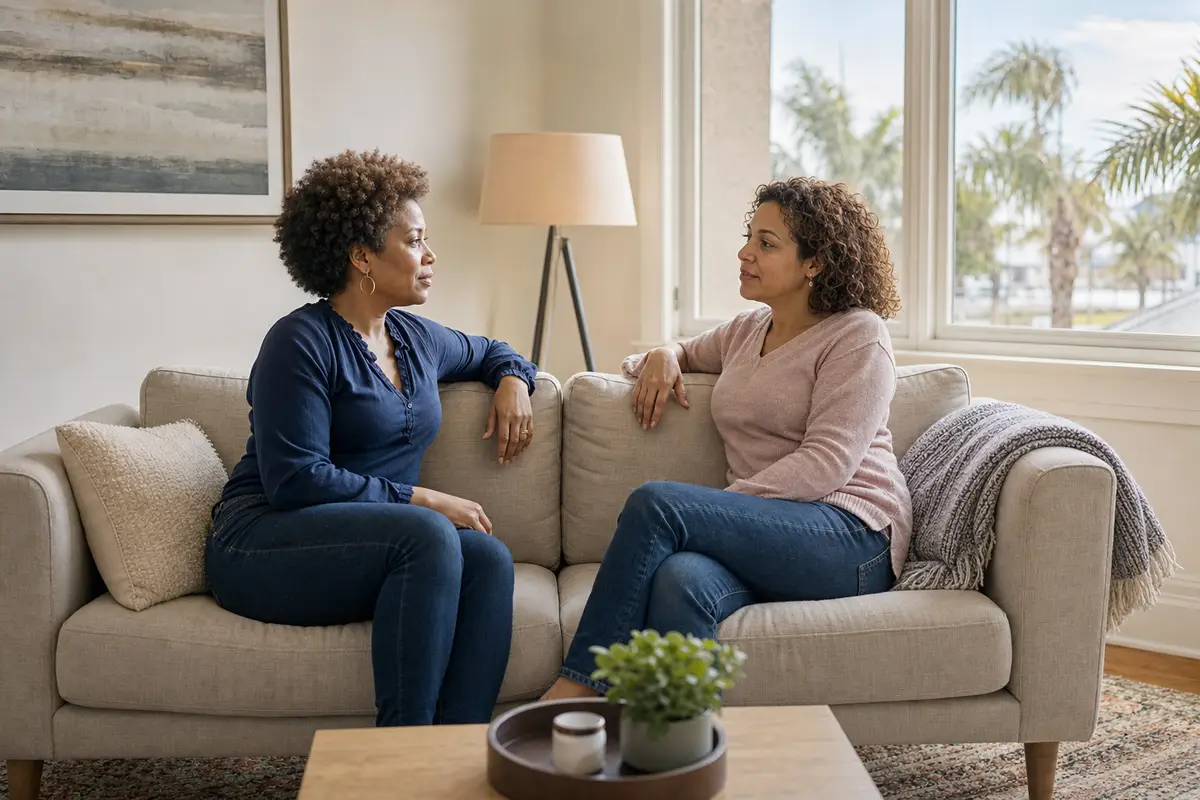 Two women seated on a sofa in a calm living room, talking, with a folded blanket and a lamp