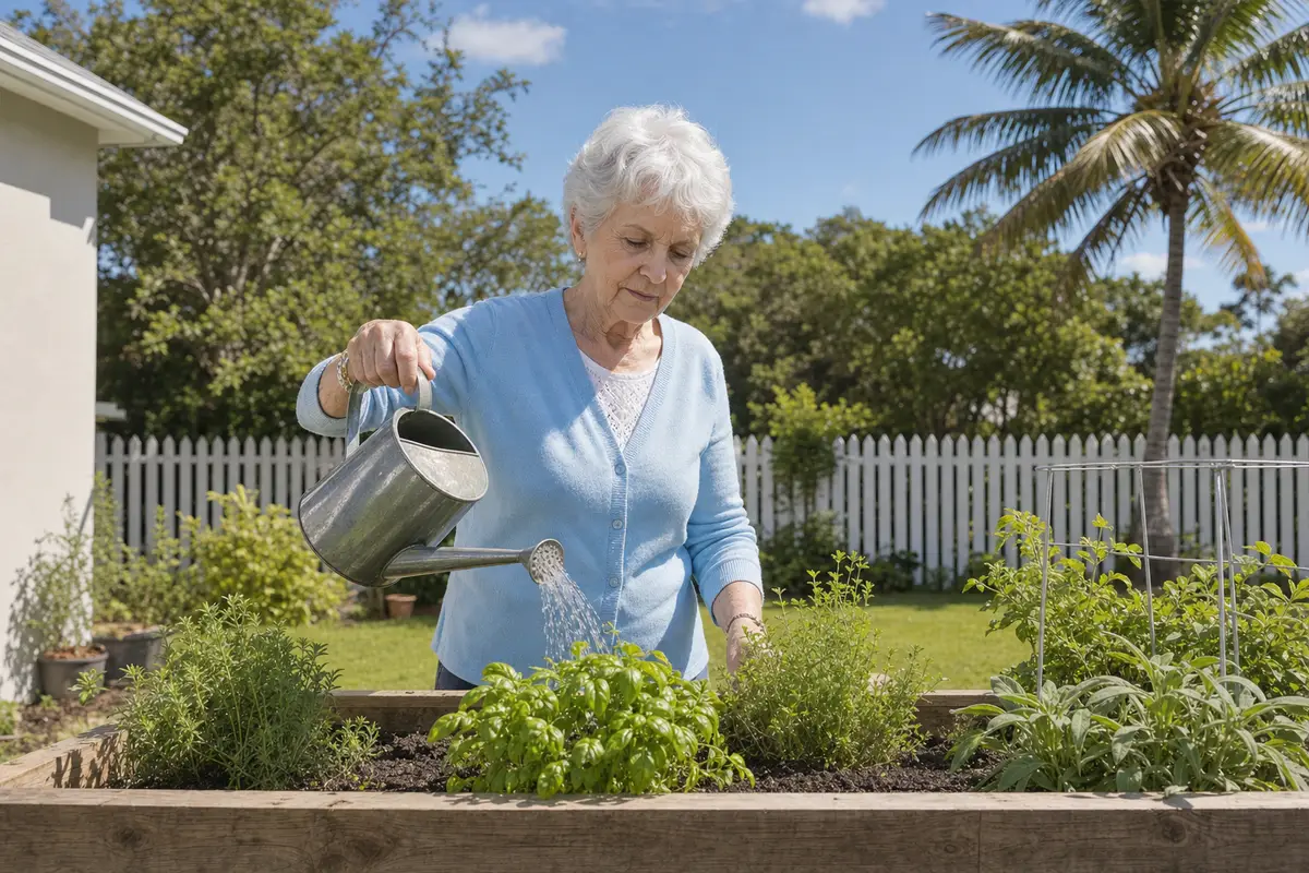An older woman with short white hair in a light-blue cardigan waters a raised garden bed of herbs with a metal watering can, with a palm tree and a white picket fence behind her.