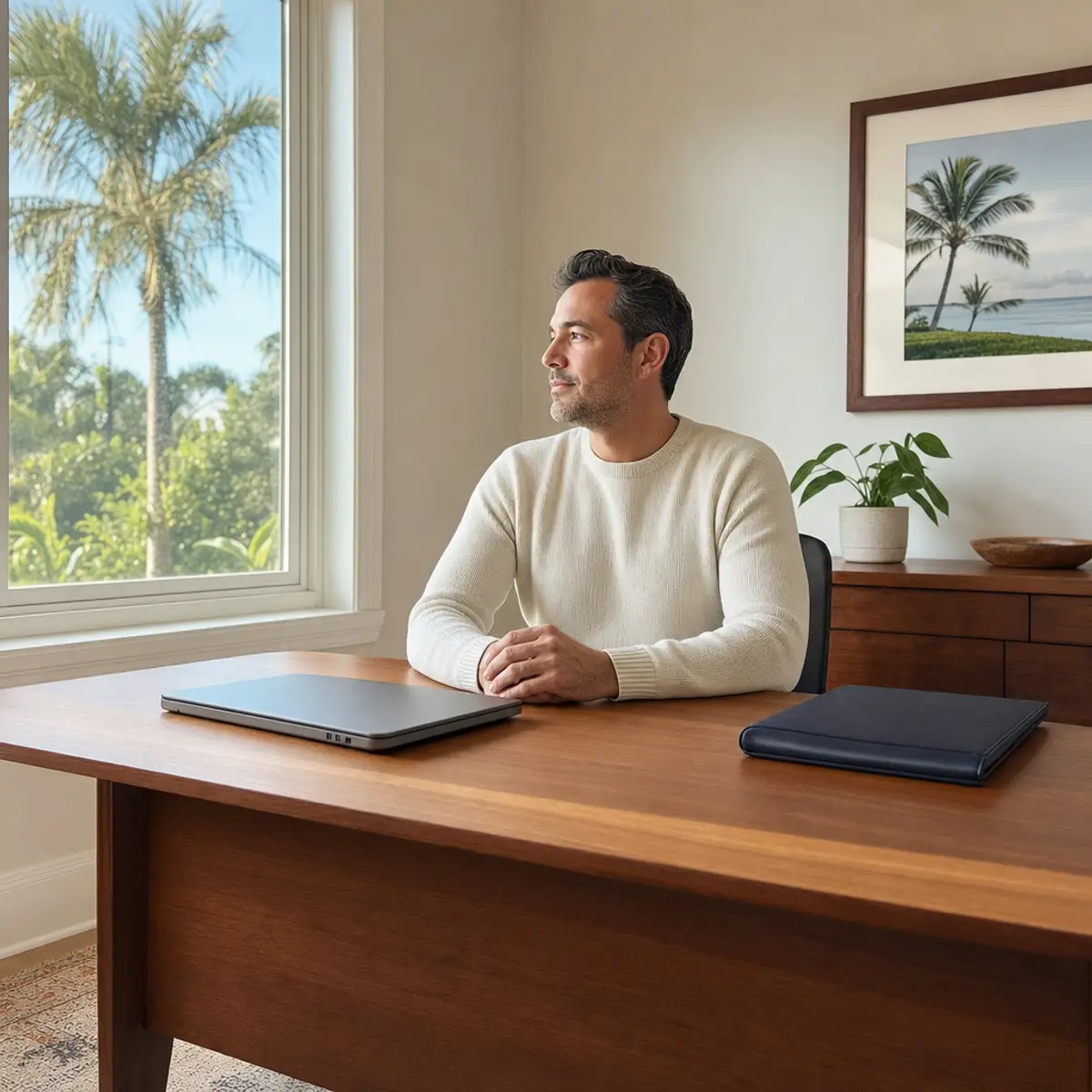 A man in a cream sweater seated at a wooden desk by a bright window, a closed laptop and a closed folder in front of him