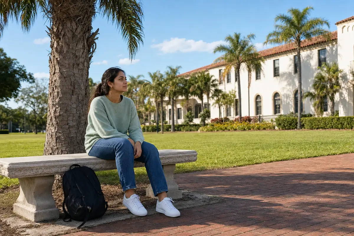 A young woman sitting on a stone bench on a sunny campus lawn, with palm trees and a brick building behind her