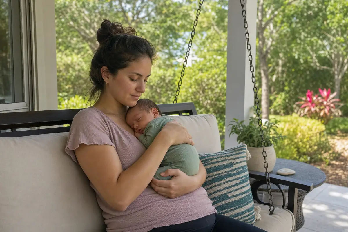 A woman in a mauve top holds a sleeping newborn on a sofa on a shaded porch with cushions and plants.