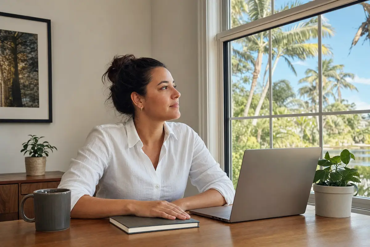 A woman in a white shirt sits at a wooden desk by a sunny window, one hand resting on a closed notebook, with a laptop turned away from the camera and a mug nearby.