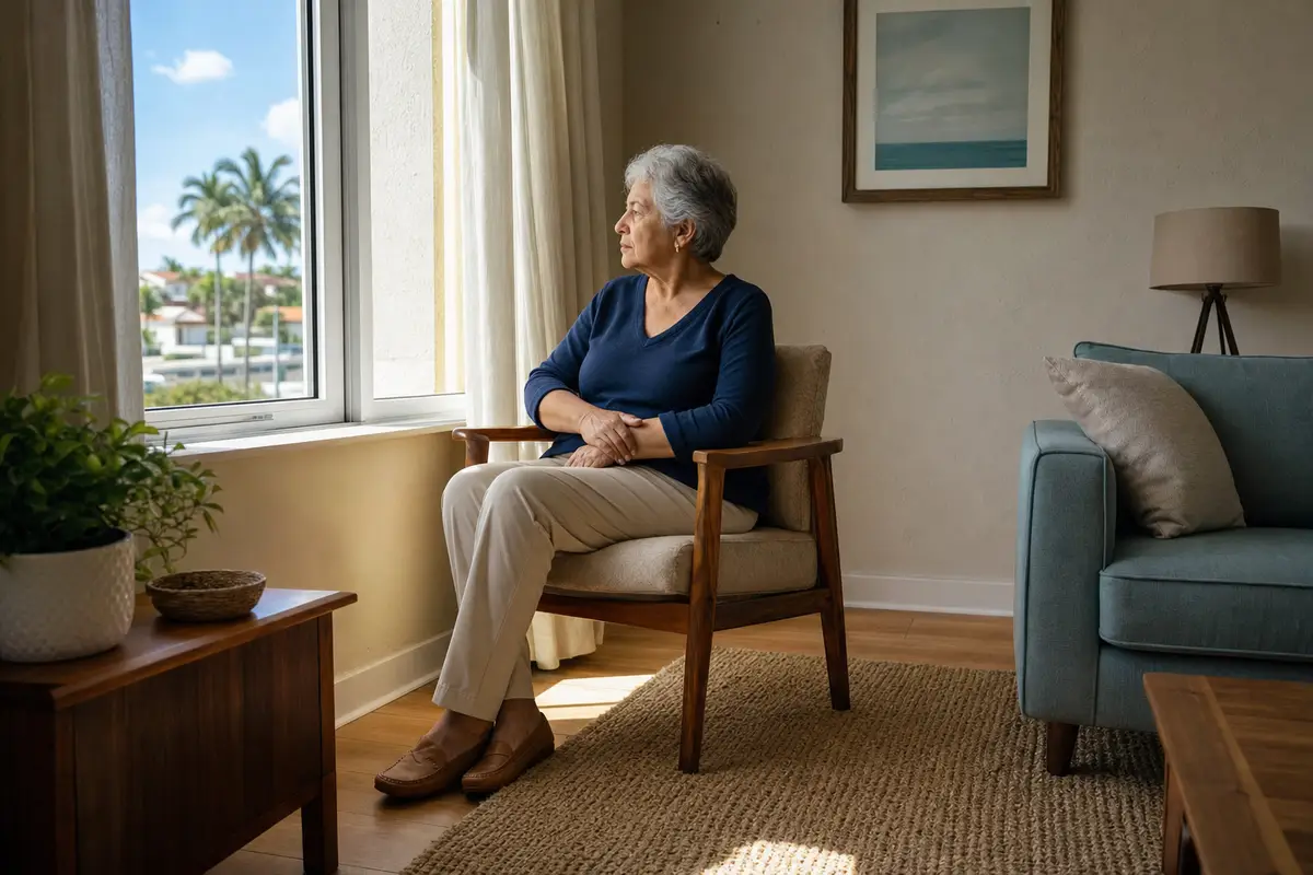 An older adult sitting quietly by a window, conveying withdrawal and low mood associated with depression in older adults, in a warm and dignified light