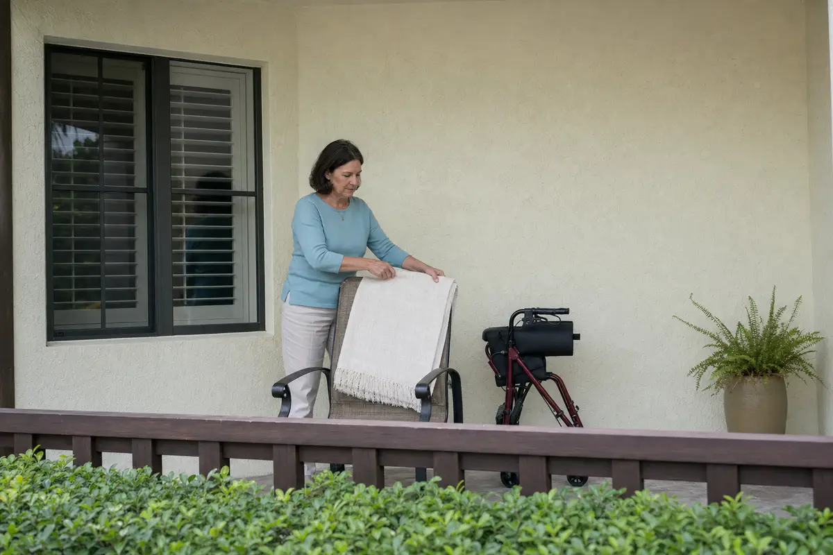 A woman in a light-blue sweater drapes a cream blanket over the back of a patio chair beside a folded red walker, with a fern in a planter and a low wooden railing in the foreground.