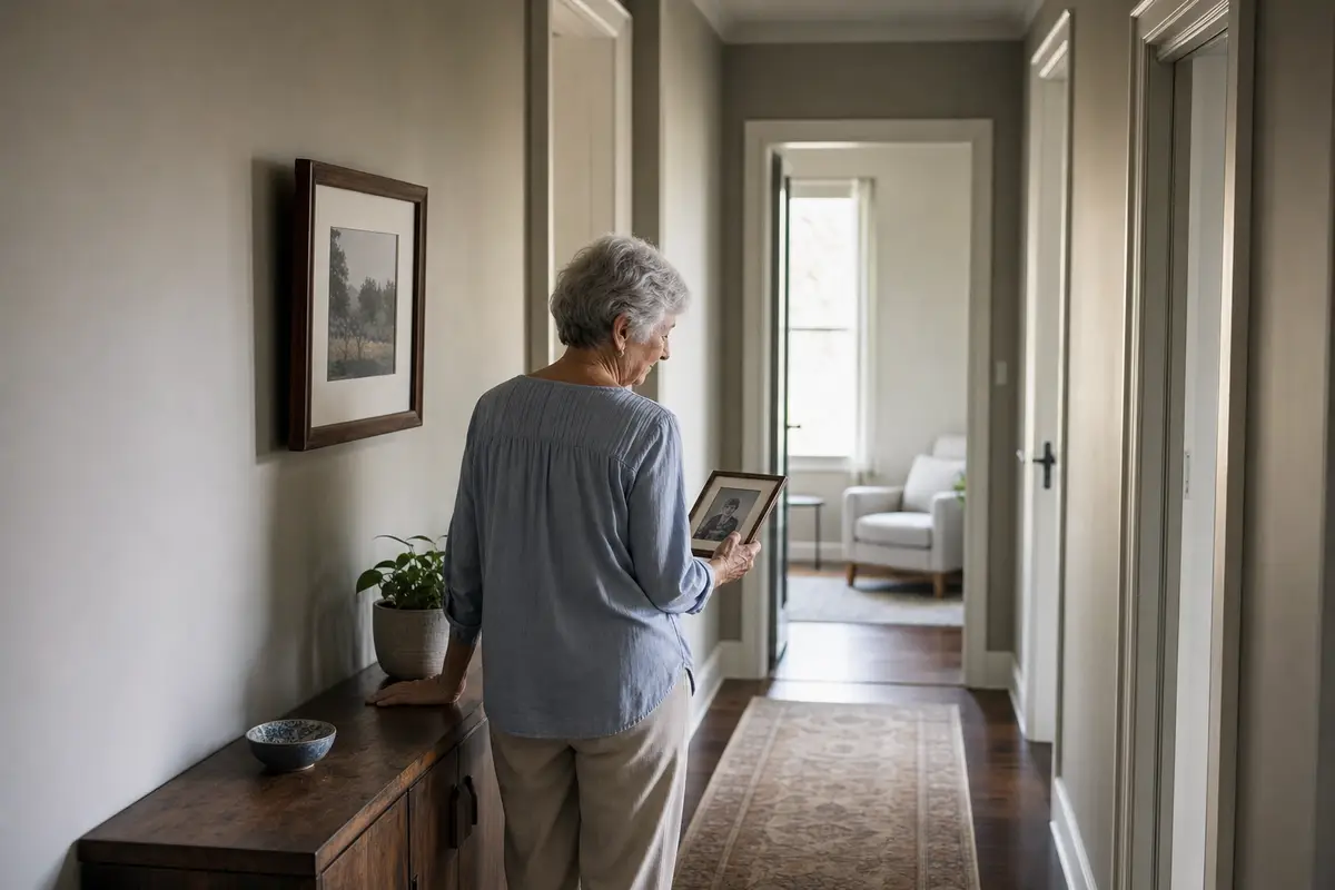 grief after losing a spouse — An older woman in a blue linen blouse stands in a hallway with her back to the camera, holding a small framed photograph at waist height, one hand resting on a wooden console table.