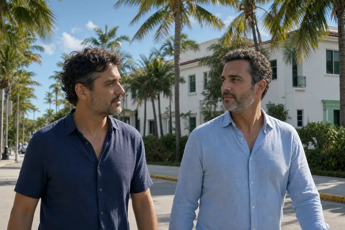 Two men walking side by side along a palm-lined street in front of white buildings