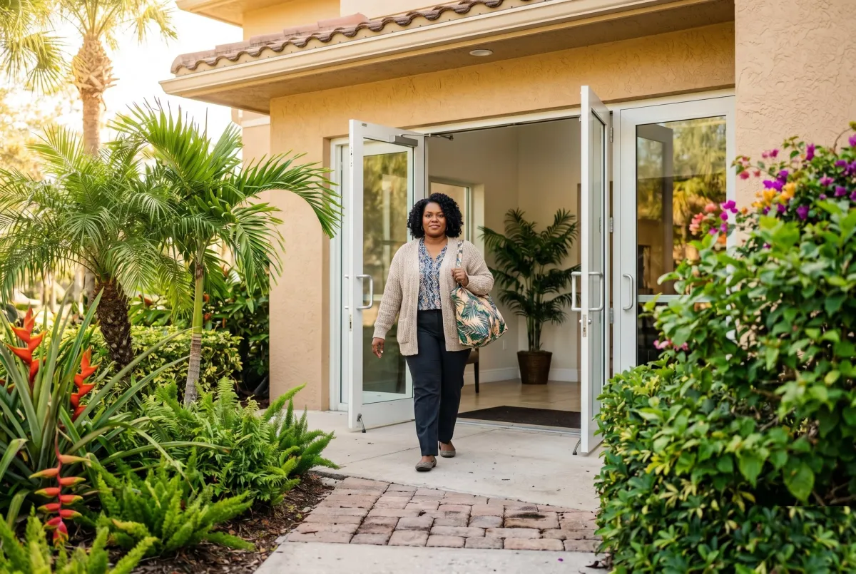 Therapist arriving at assisted living facility entrance