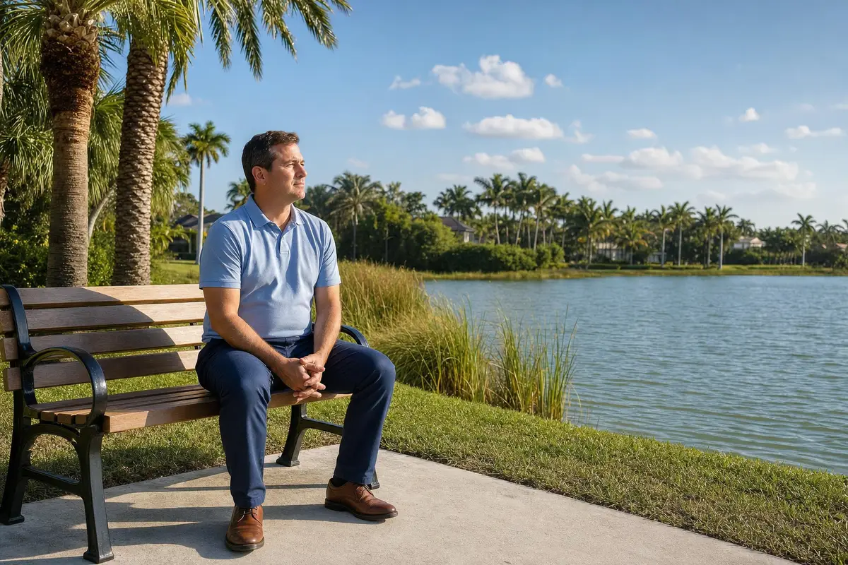 men's mental health — A man in a light blue polo shirt sits on a wooden park bench by a lake, hands clasped, looking out over the water under palm trees.