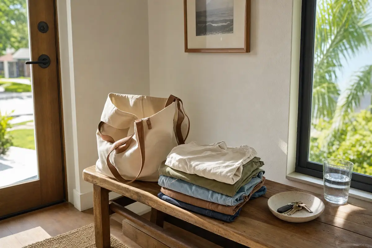 A stack of folded clothes and a tote bag sit on a wooden bench beside an open doorway with a sunny view. No people are present.