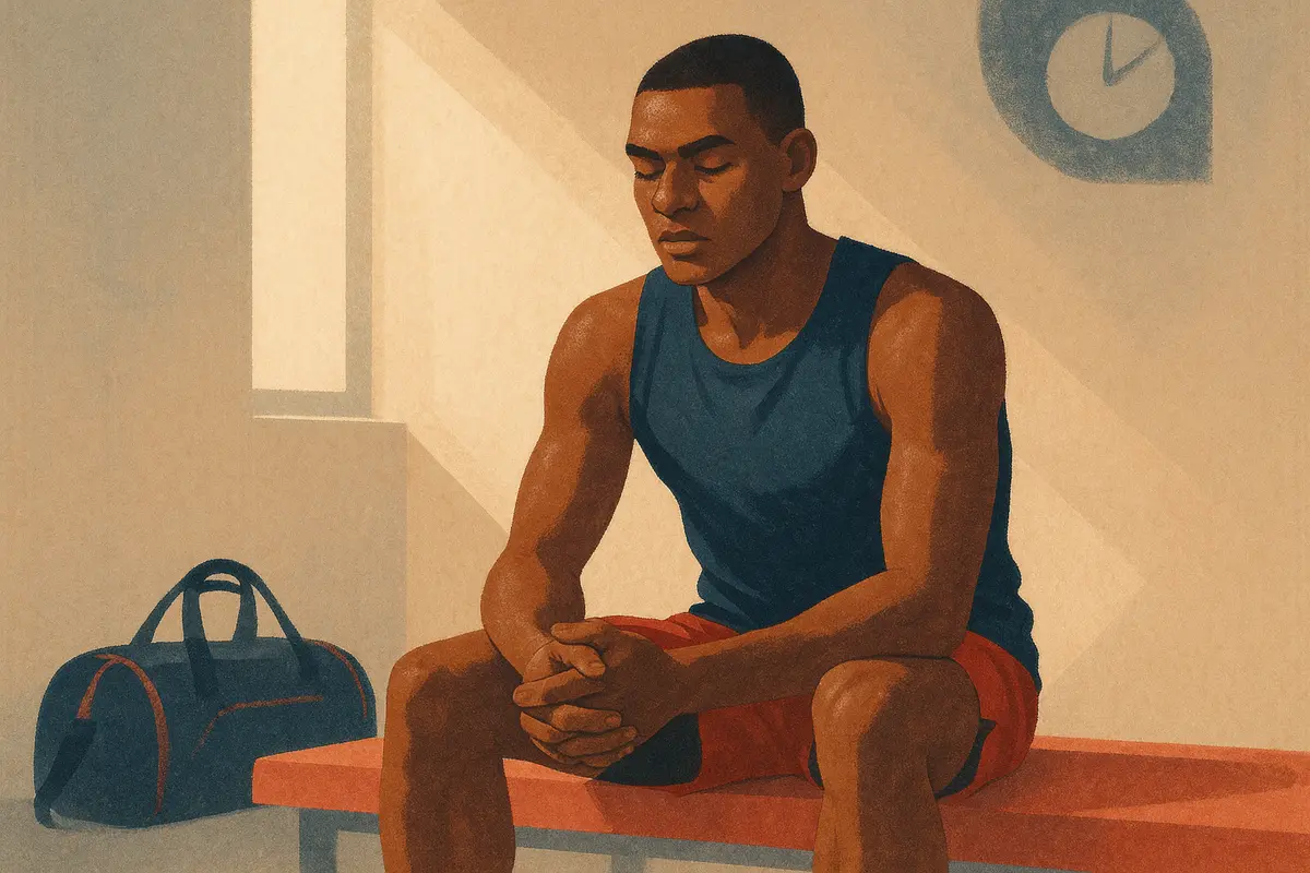 An athlete seated thoughtfully in a quiet space, eyes closed, appearing calm and focused, with subtle visual cues suggesting mental preparation before competition. — what does a sports psychologist do