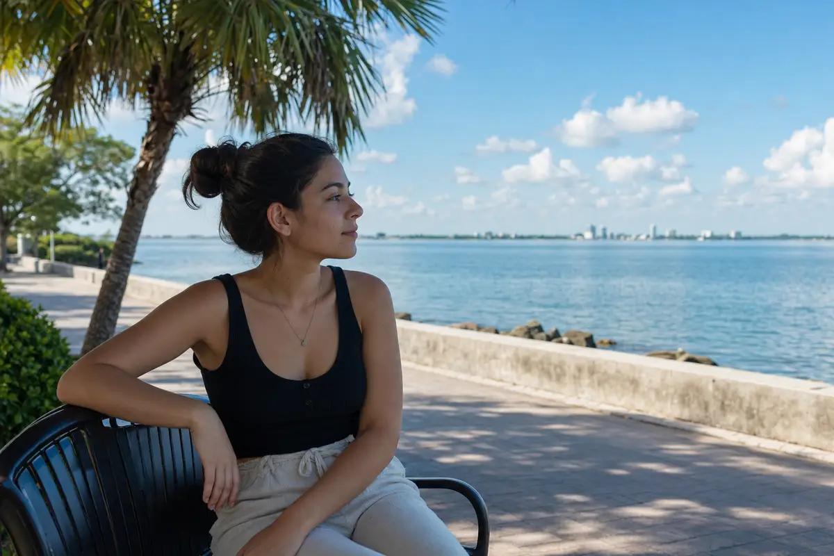 A young woman seated on a bench by a sunlit waterfront promenade, with palm trees and the bay behind her