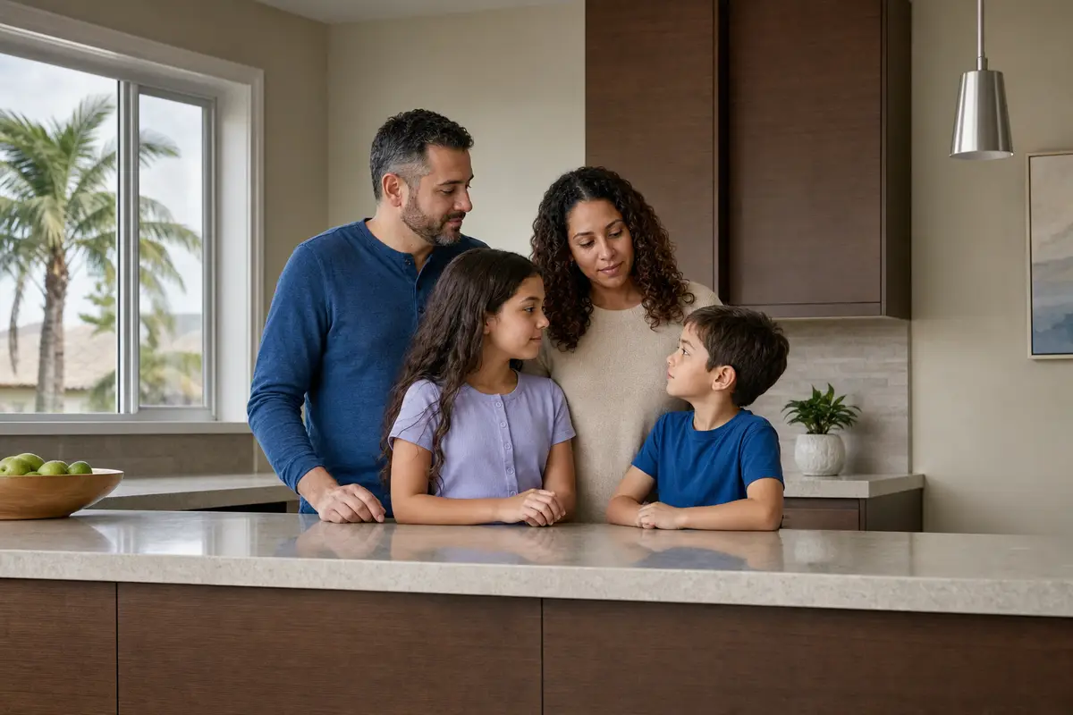 A man and a woman with a girl and a boy standing together at a kitchen counter in a bright kitchen, looking at one another, with a palm tree through the window