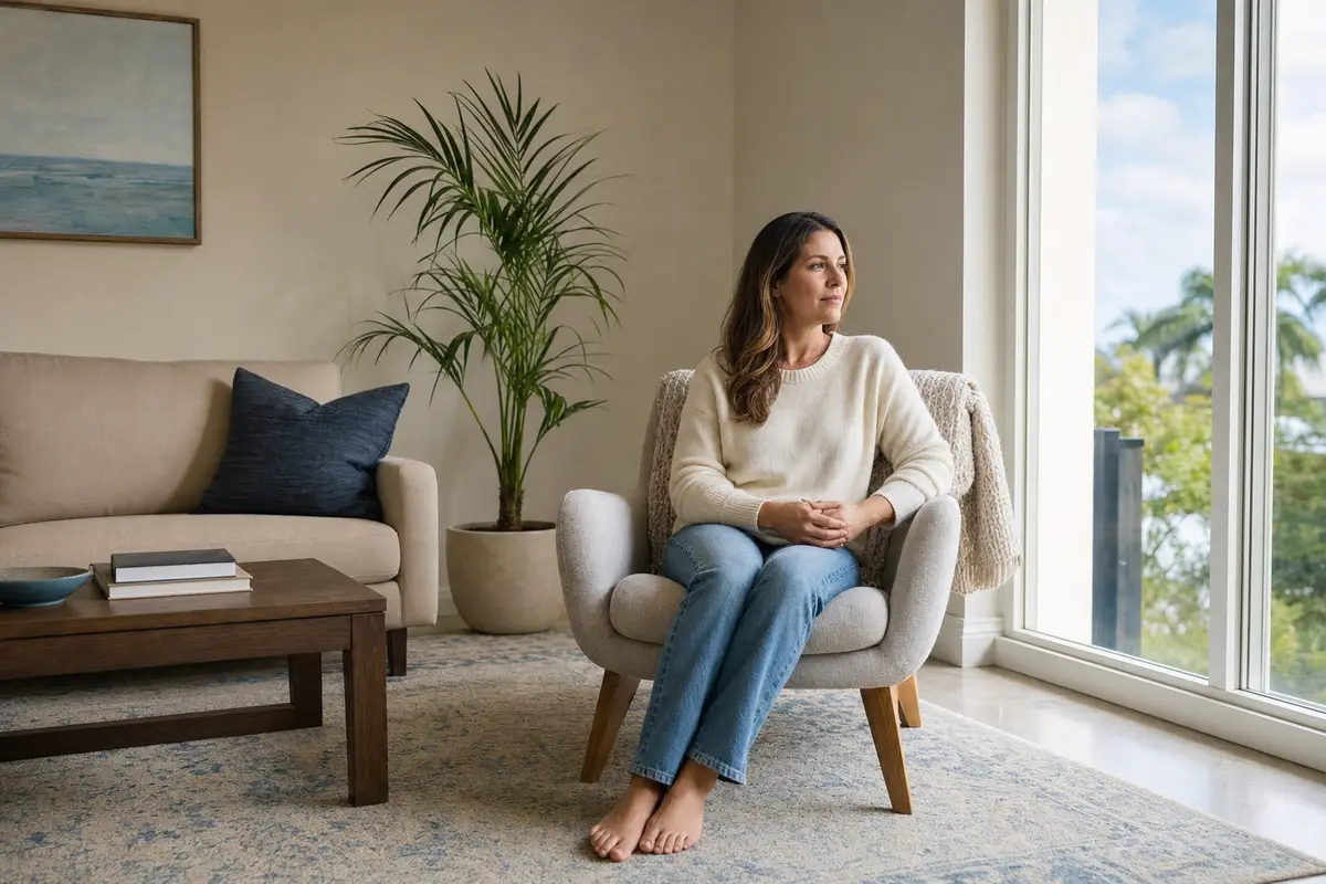 anxiety chest pain — A barefoot woman in a cream sweater and jeans sits in a grey armchair by a large window, her hands folded in her lap, looking out calmly.